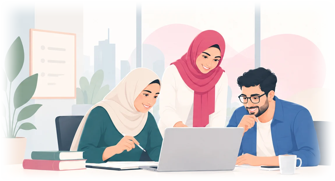 فريق من ثلاث شخصيات يتعاون حول حاسوب محمول